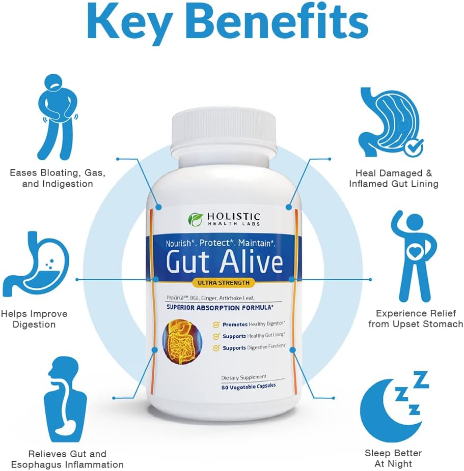 Gut Health Support Supplement for Digestive Comfort, Bloating Relief & Acid Balance | Herbal Digestive Wellness Formula Capsules (60 Count)