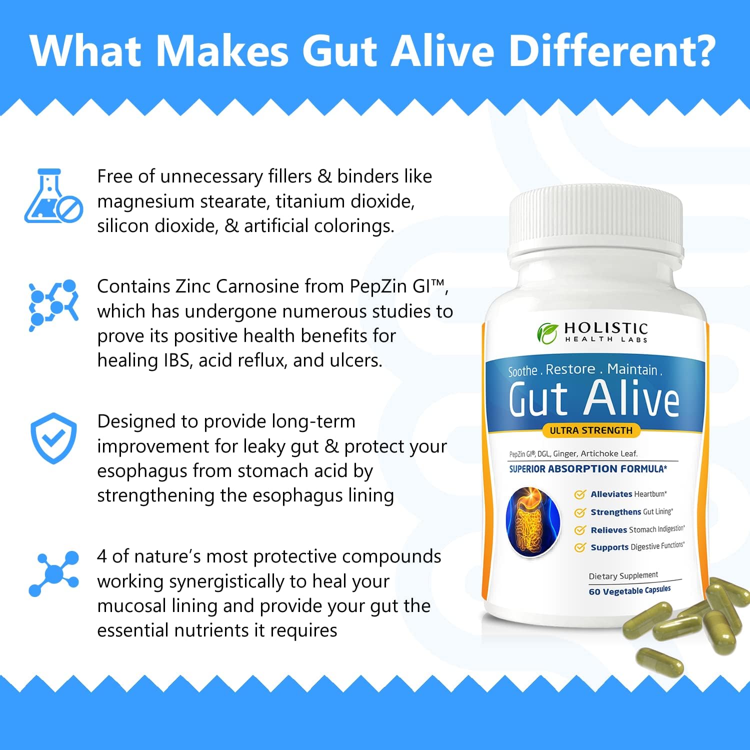Gut Health Support Supplement for Digestive Comfort, Bloating Relief & Acid Balance | Herbal Digestive Wellness Formula Capsules (60 Count)