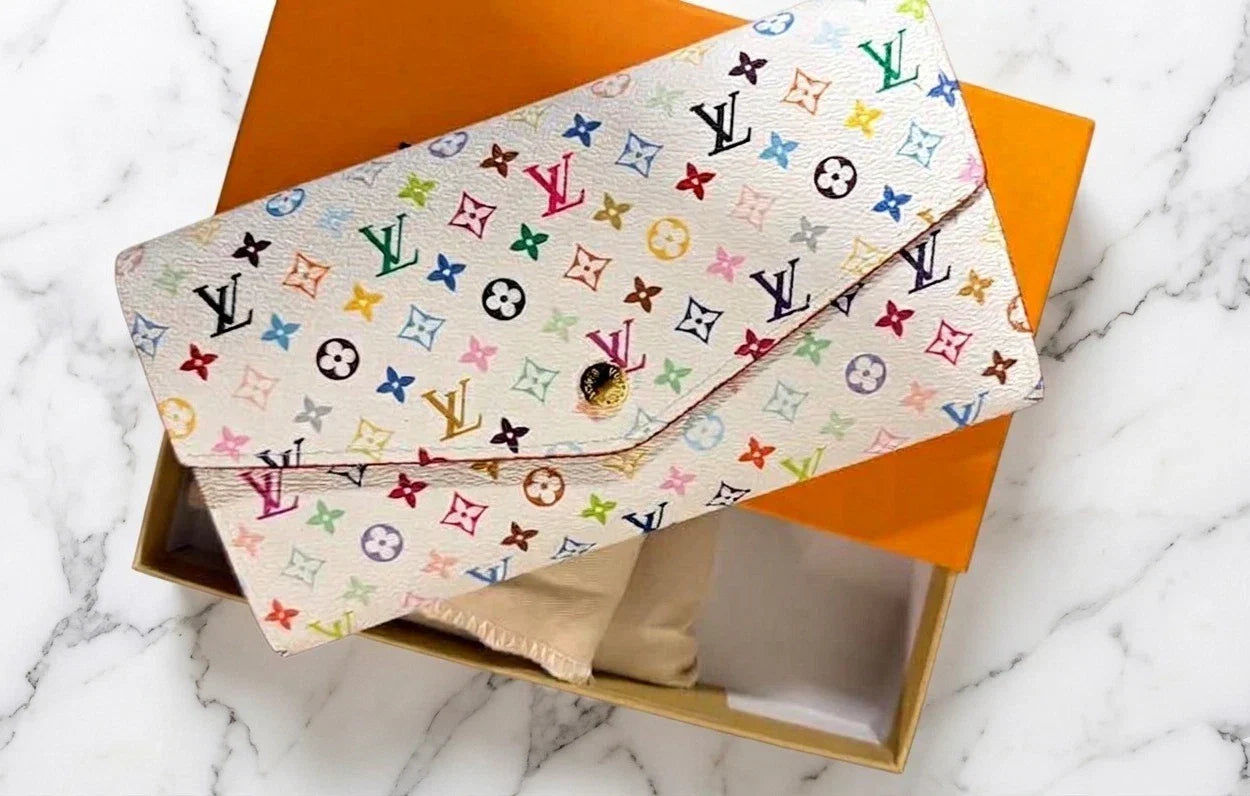 Louis Vuitton White Multicolor Takashi Sarah Long Wallet pink interior W/Box